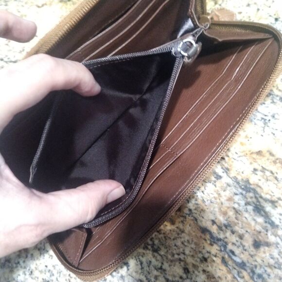 Brighton Croc Pebble Leather Full Zip Wallet Brown Clutch 8" Long - Picture 5 of 9